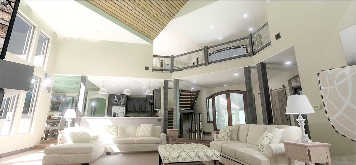 Interior rendering of a two-story living area with vaulted wood-paneled ceiling, open loft, kitchen, and large windows.