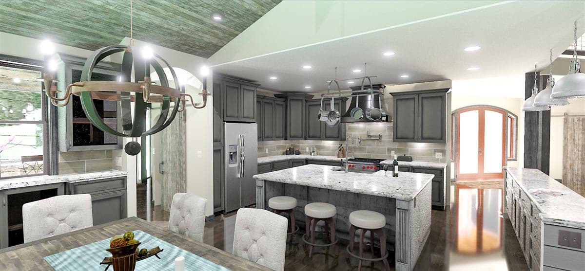 House plan rendering of a modern kitchen with gray cabinetry, a large island, stainless steel appliances, and a wood-paneled ceiling.