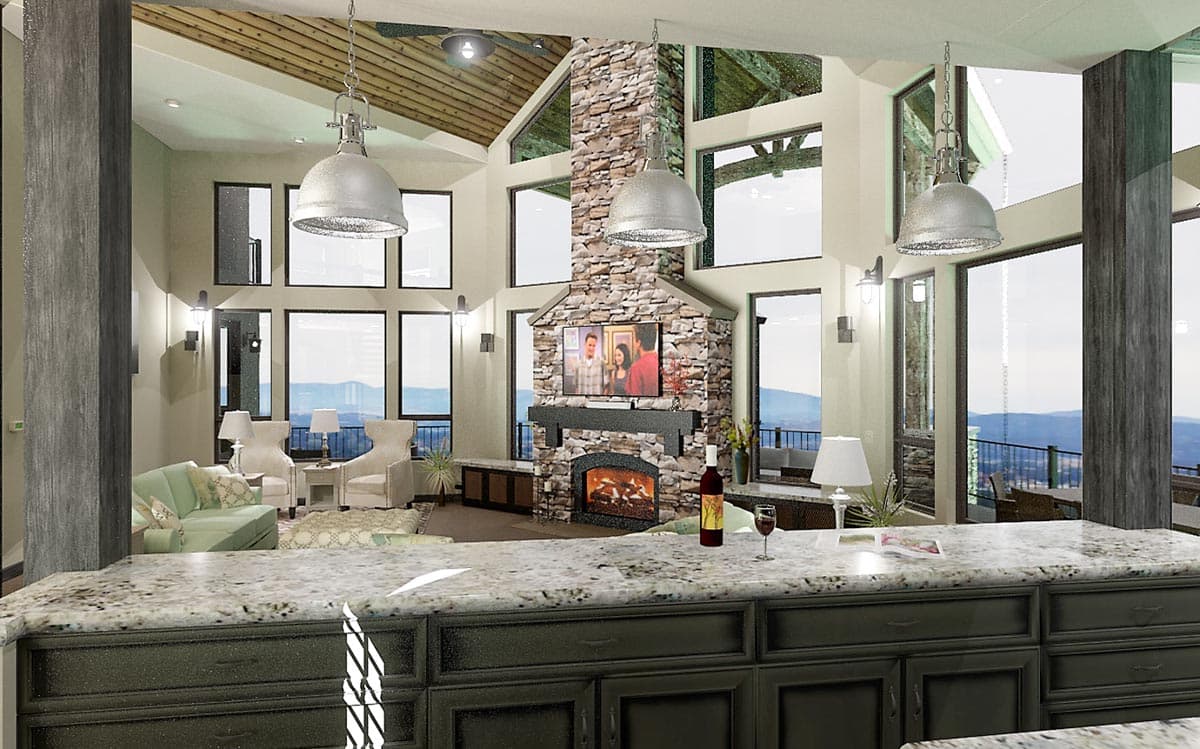 Great room rendering with vaulted wood ceiling, stone fireplace, large windows, and bar.
