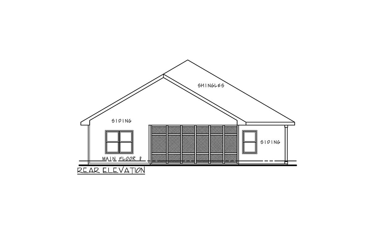 Rear elevation drawing of a house with siding, shingles, and a wall of windows.