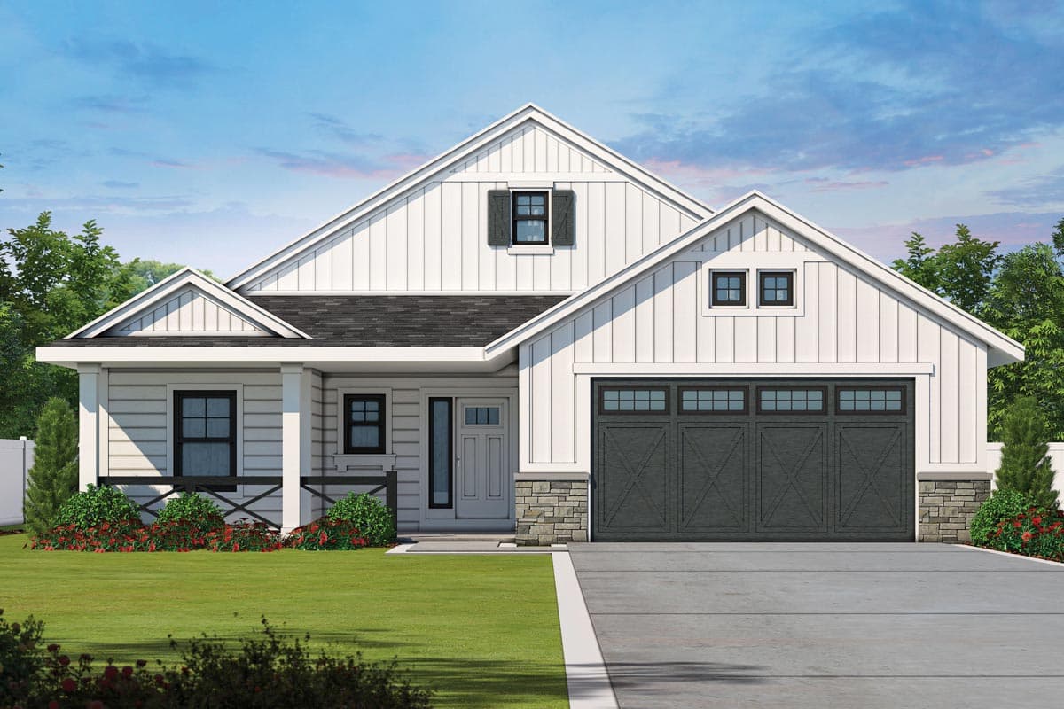 House plan exterior with board and batten siding, Craftsman style, single story. Features include a front porch, gables, and an attached garage.