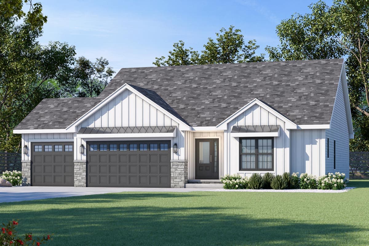 House plan exterior. Modern farmhouse style with gabled roofline, two-car garage, and a covered entry. Features board and batten siding.