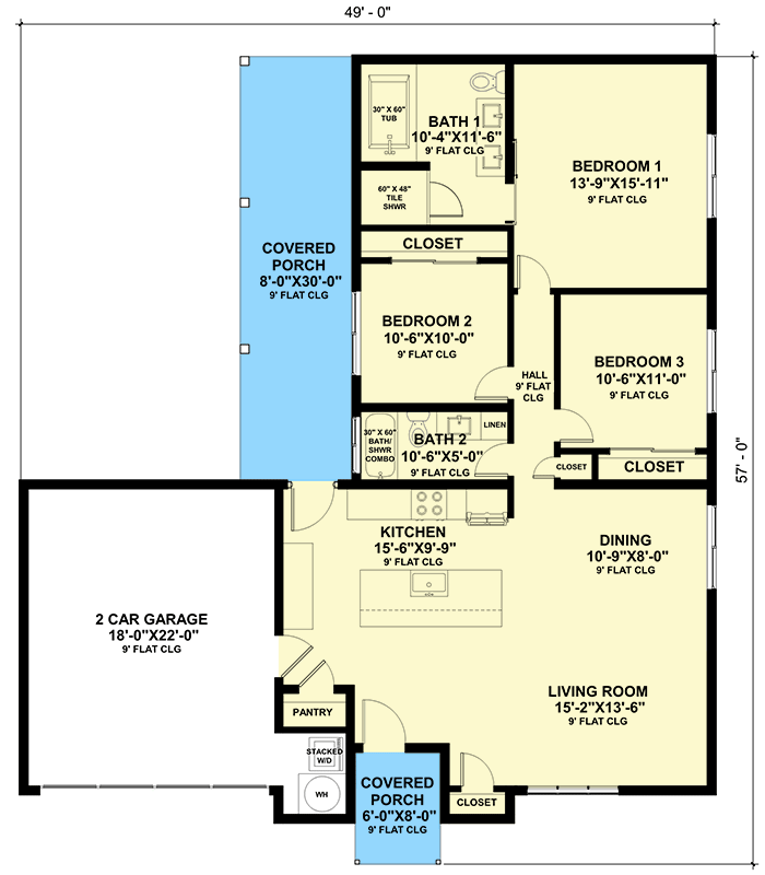 Plan 420102WNT: 1416 Square Foot Rustic Cabin with 2-Car Garage and Side Porch - Floor Plan - Main Level - Cabin, Mountain, Ranch, Rustic
