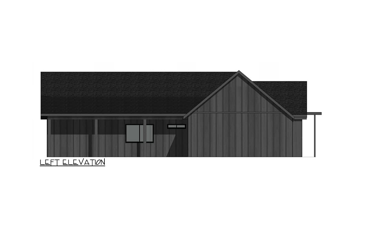Left elevation drawing of a single-story house with a gabled roof, vertical siding, and two windows.