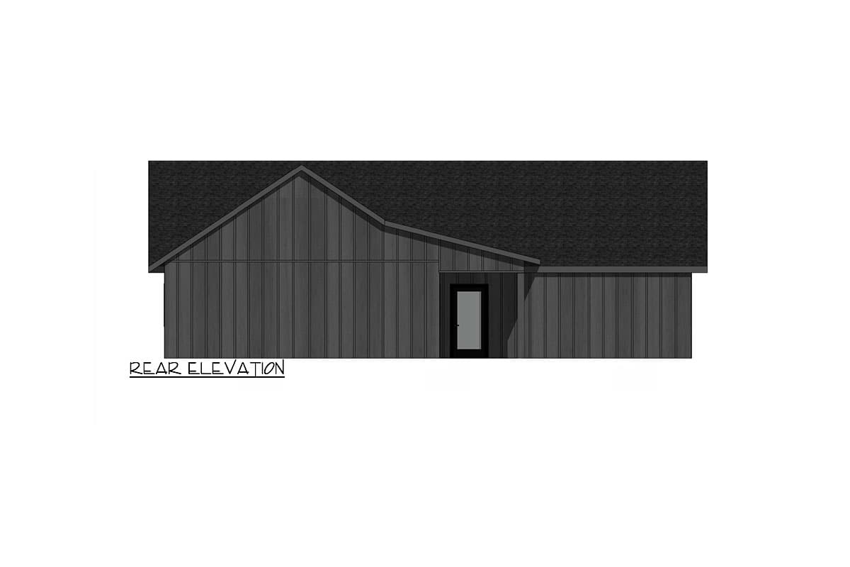 Rear elevation of a house plan with vertical siding, a gable roofline, and a single door under a porch.