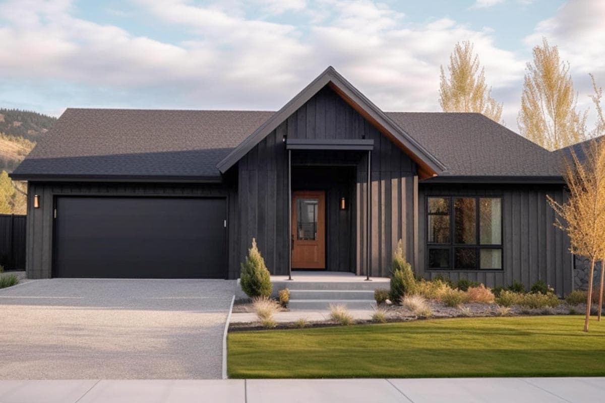 House plan exterior with board and batten siding, a gabled entry, and a single-car garage. Features a covered porch and large windows.
