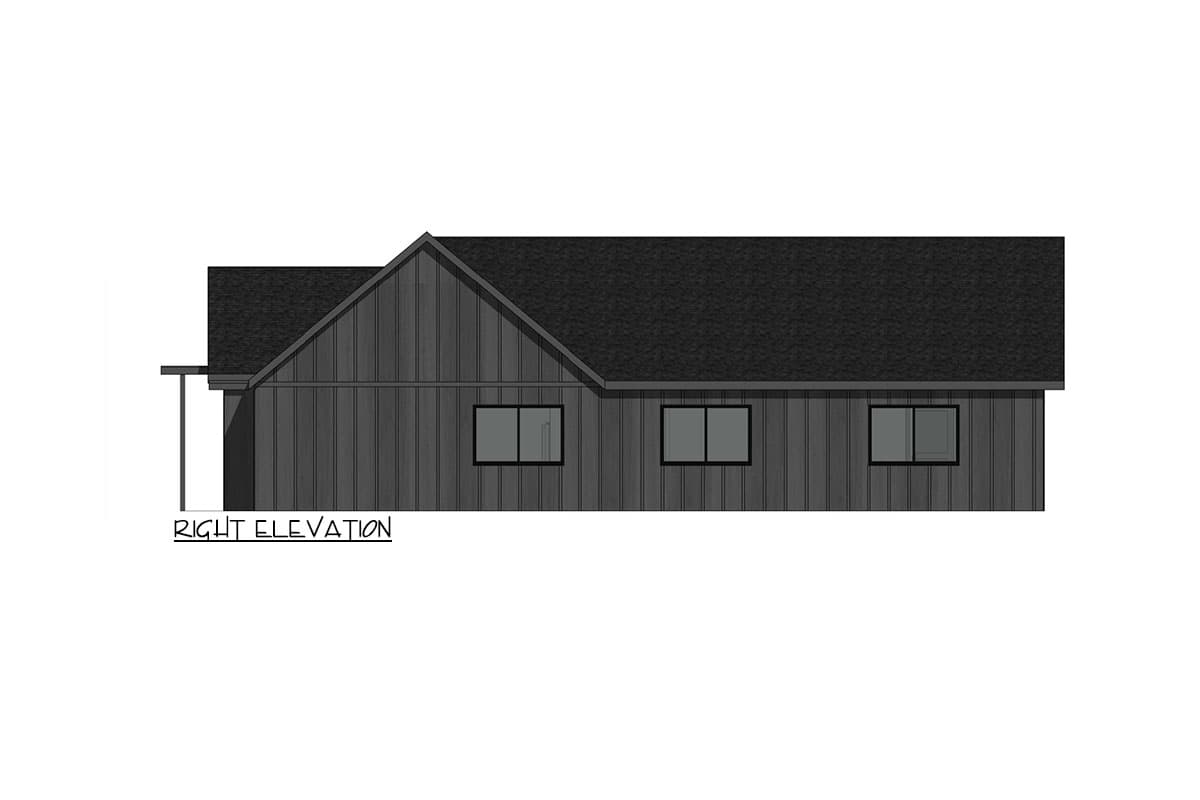 Right elevation house plan showing a gable roof, vertical siding, and three windows.
