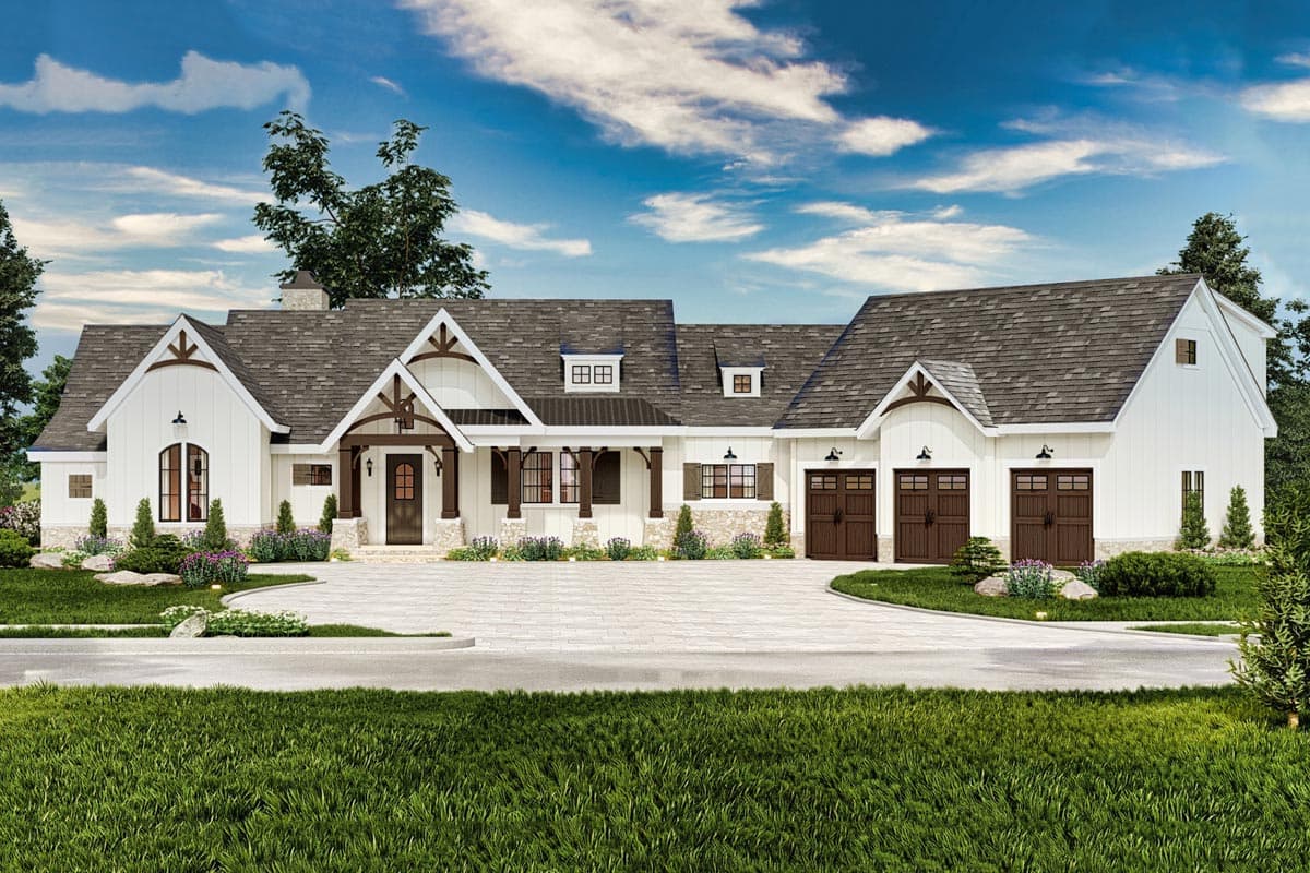 House plan exterior. Two-story Modern Farmhouse with gables, a porch, and a three-car garage. White siding and dark roof.