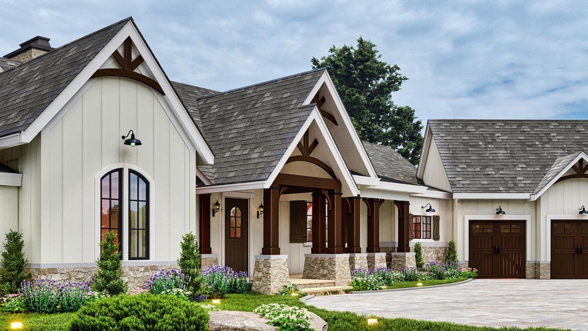 Modern Farmhouse house plan exterior with prominent gables, stone accents, a covered porch with timber supports, and a three-car garage.