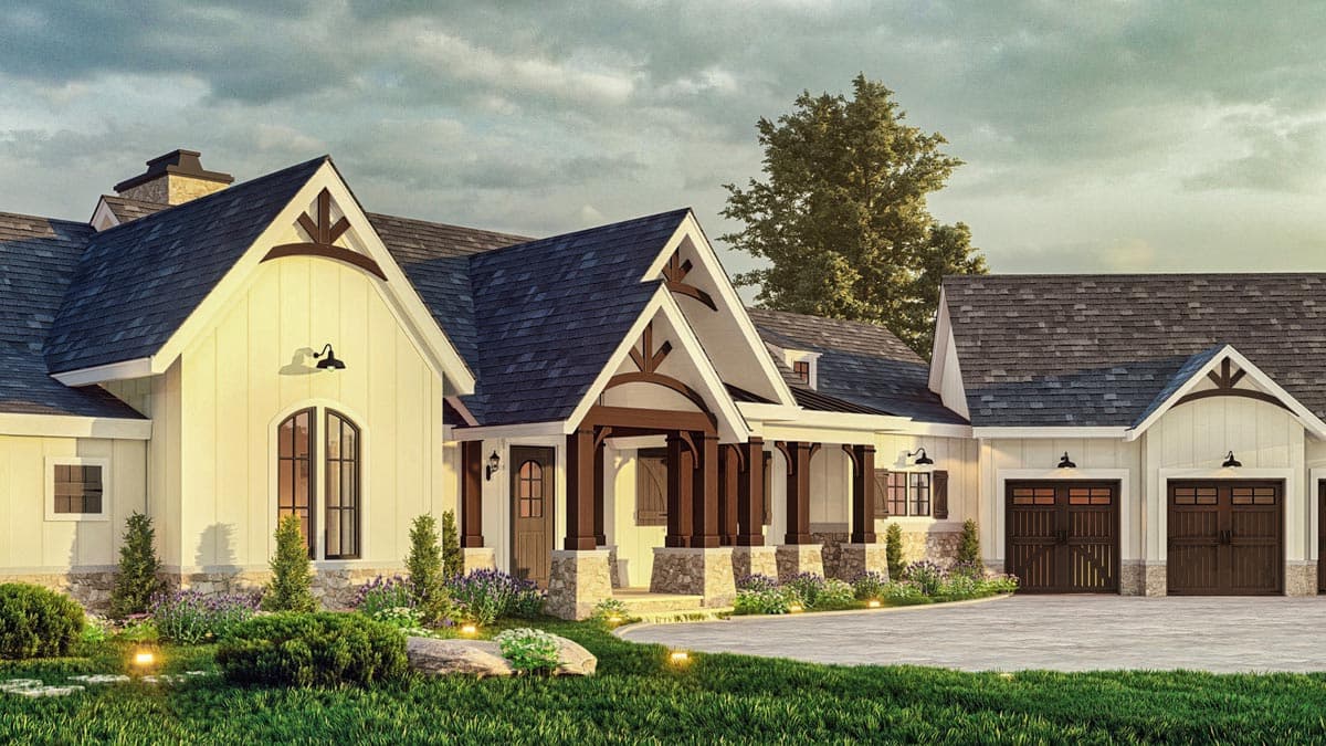 Modern Farmhouse house plan exterior with prominent gables, stone accents, covered porch, and a three-car garage.