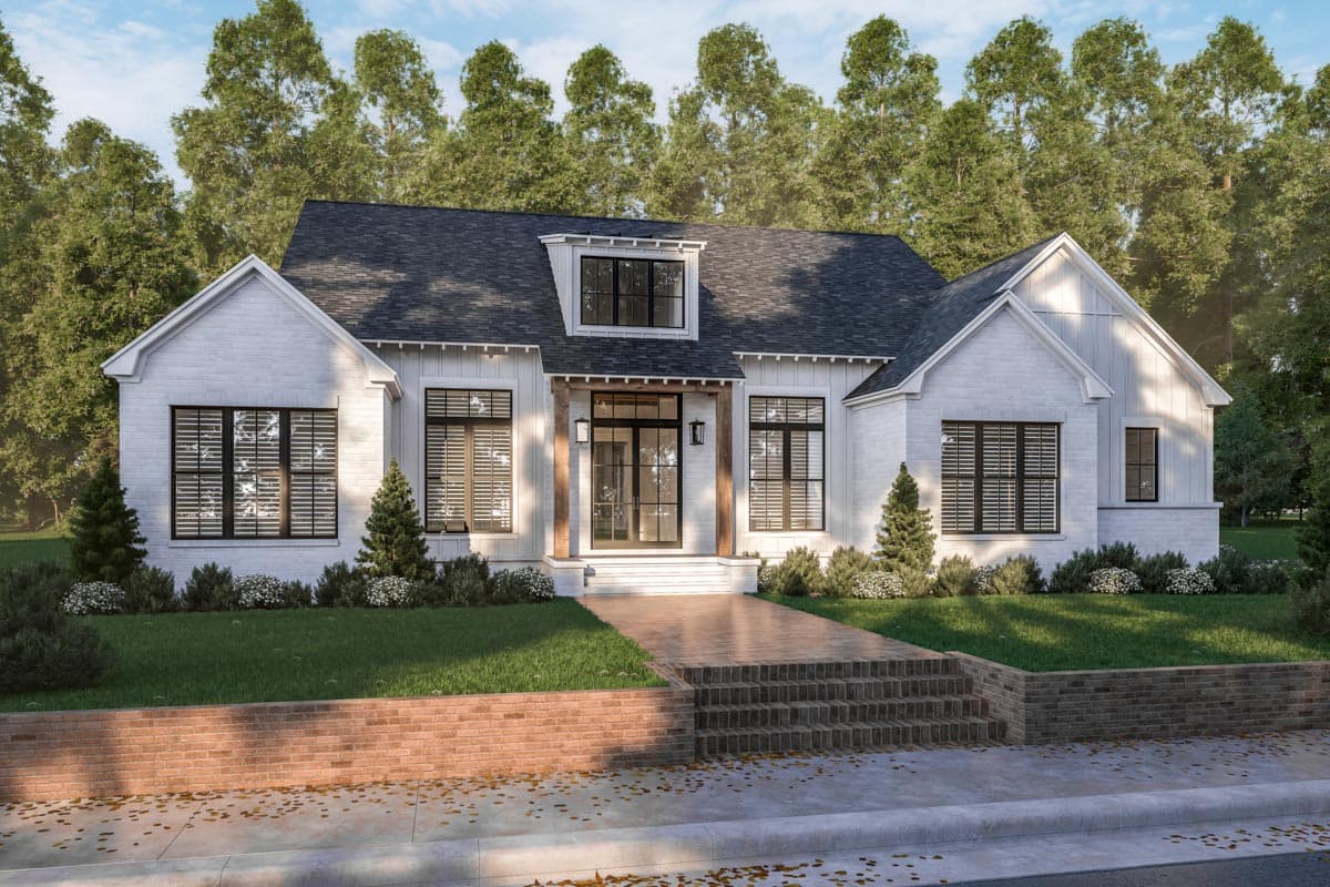House plan exterior. Modern Farmhouse style, one story, with gables, dormer window, and porch columns.