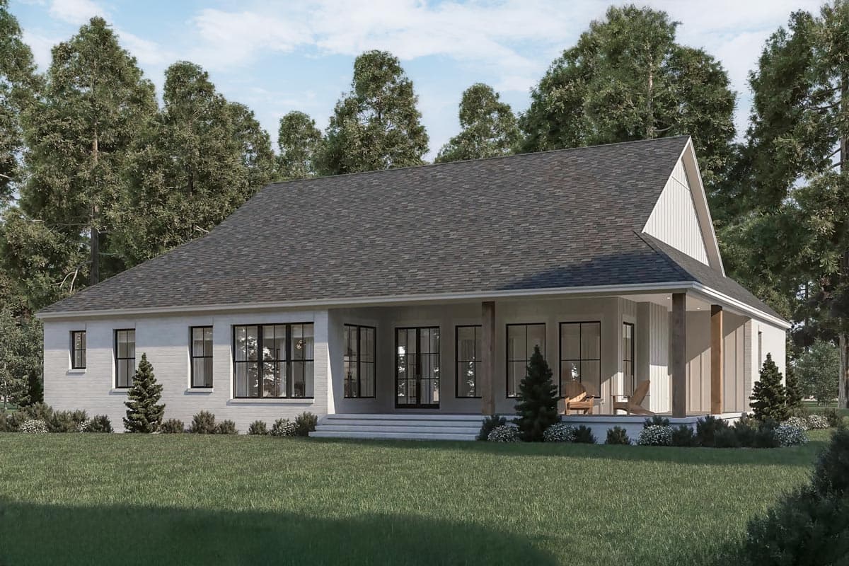Modern Farmhouse house plan exterior, one story, with covered porch, large windows, and a gabled front section.