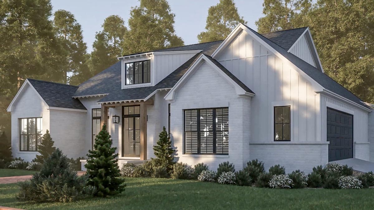Modern Farmhouse house plan exterior with white brick, gables, dormer window, covered entry, and garage.
