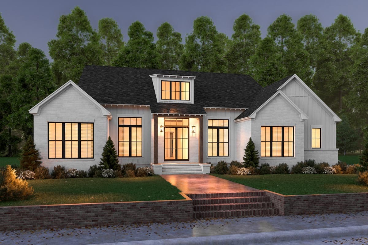 Modern Farmhouse house plan exterior with white board and batten siding, gable roofs, dormer, and covered entry.