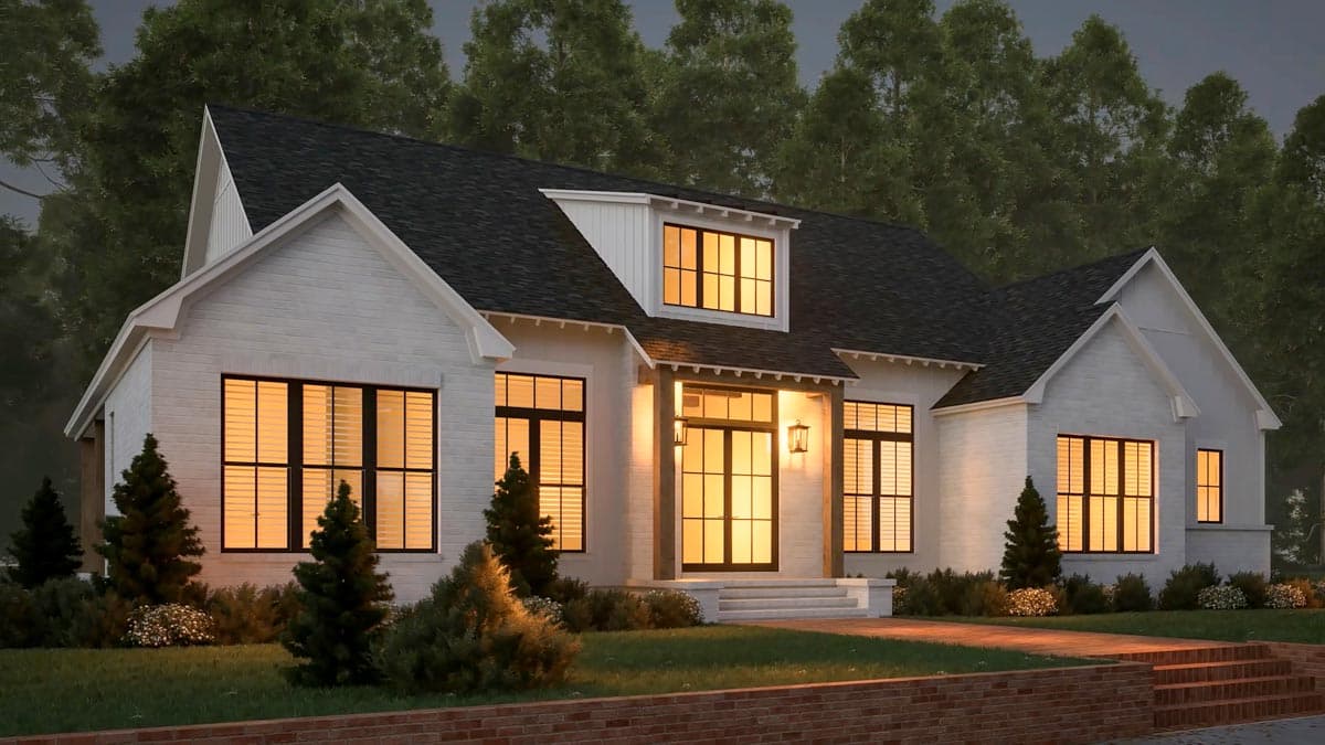 Modern Farmhouse house plan exterior with white brick, gables, dormer, and prominent front entry with double doors.