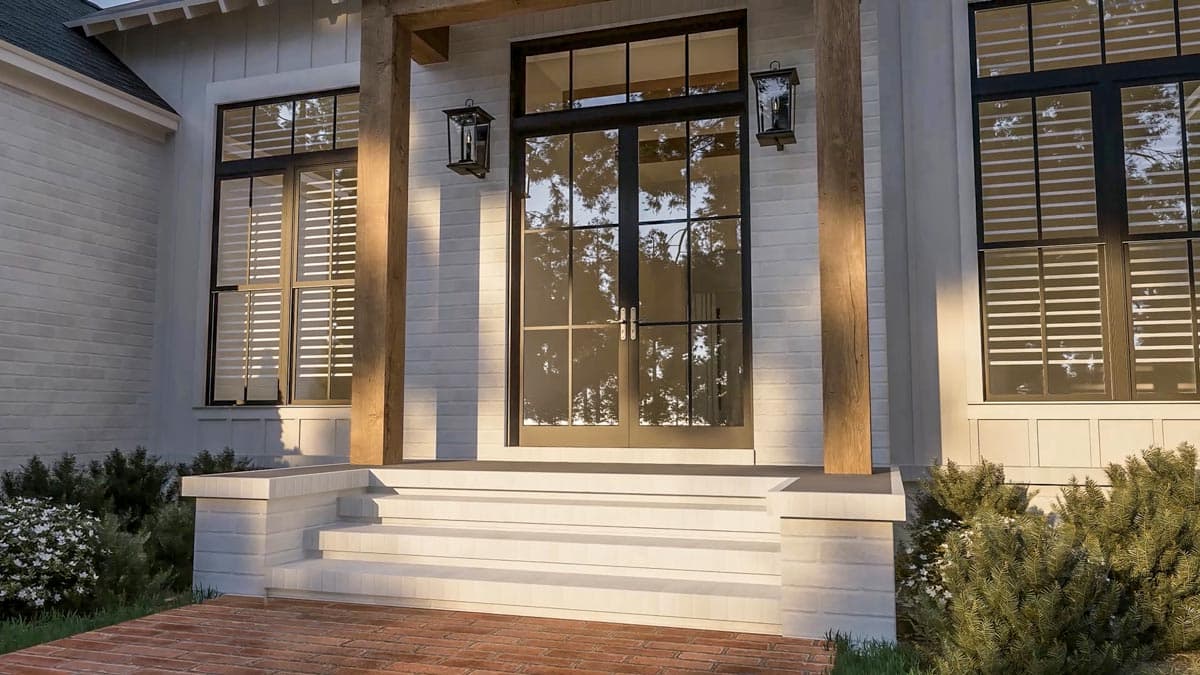 House plan exterior with double entry doors, large windows with shutters, white brick facade, and timber posts.