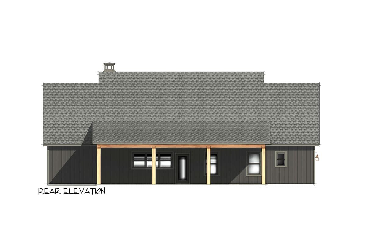 Rear elevation drawing of a house plan with a covered porch, multiple windows, a door, and a chimney.