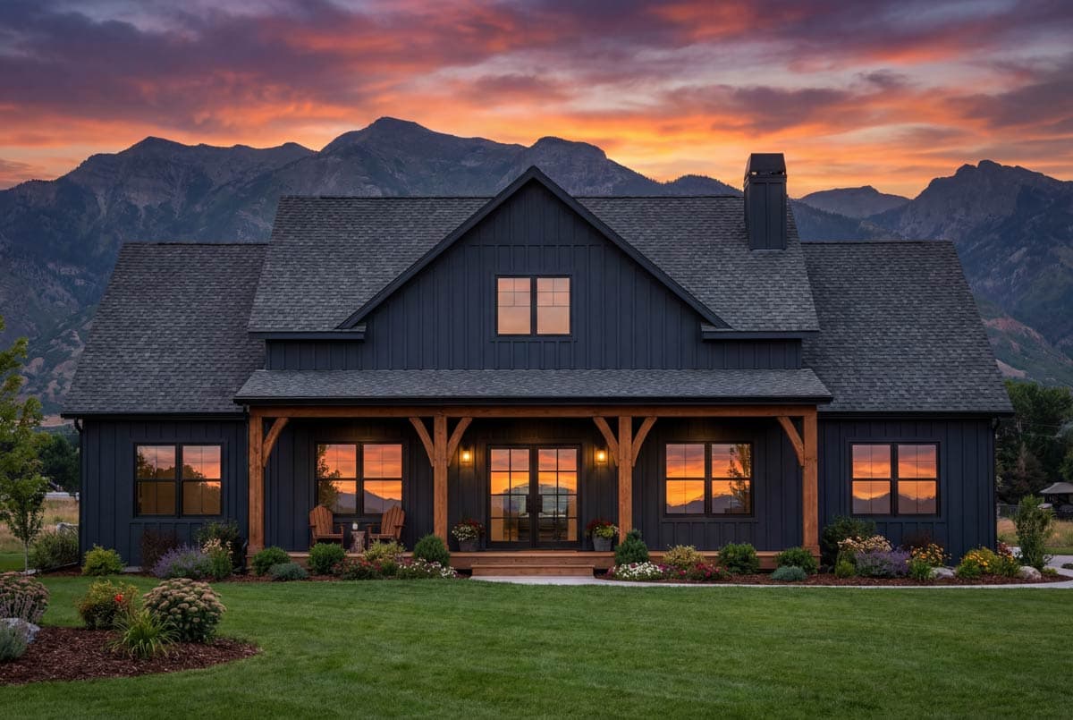 Modern Farmhouse house plan exterior with dark siding, gabled roof, timber porch supports, and large windows.