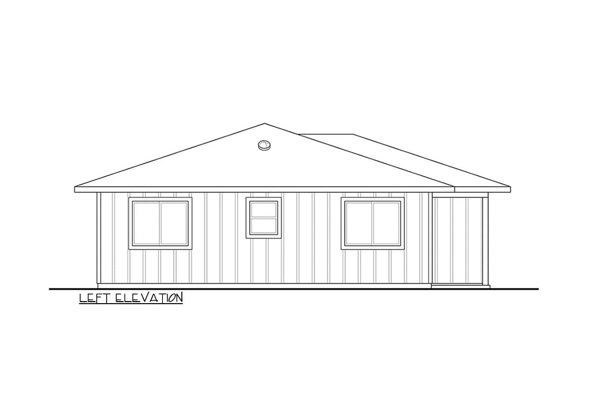 Left elevation drawing of a single-story house plan with three windows and a gabled roof.
