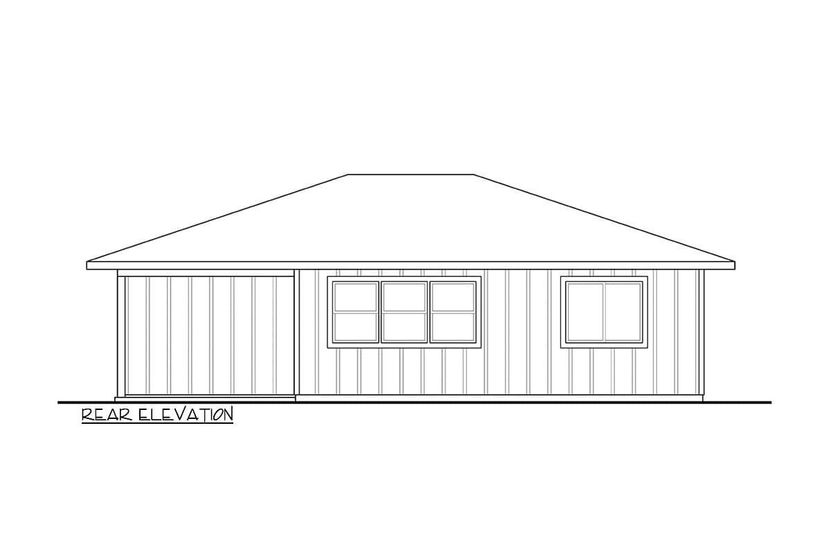 Rear elevation drawing of a one-story house with a pitched roof, vertical siding, a garage door, and two windows.