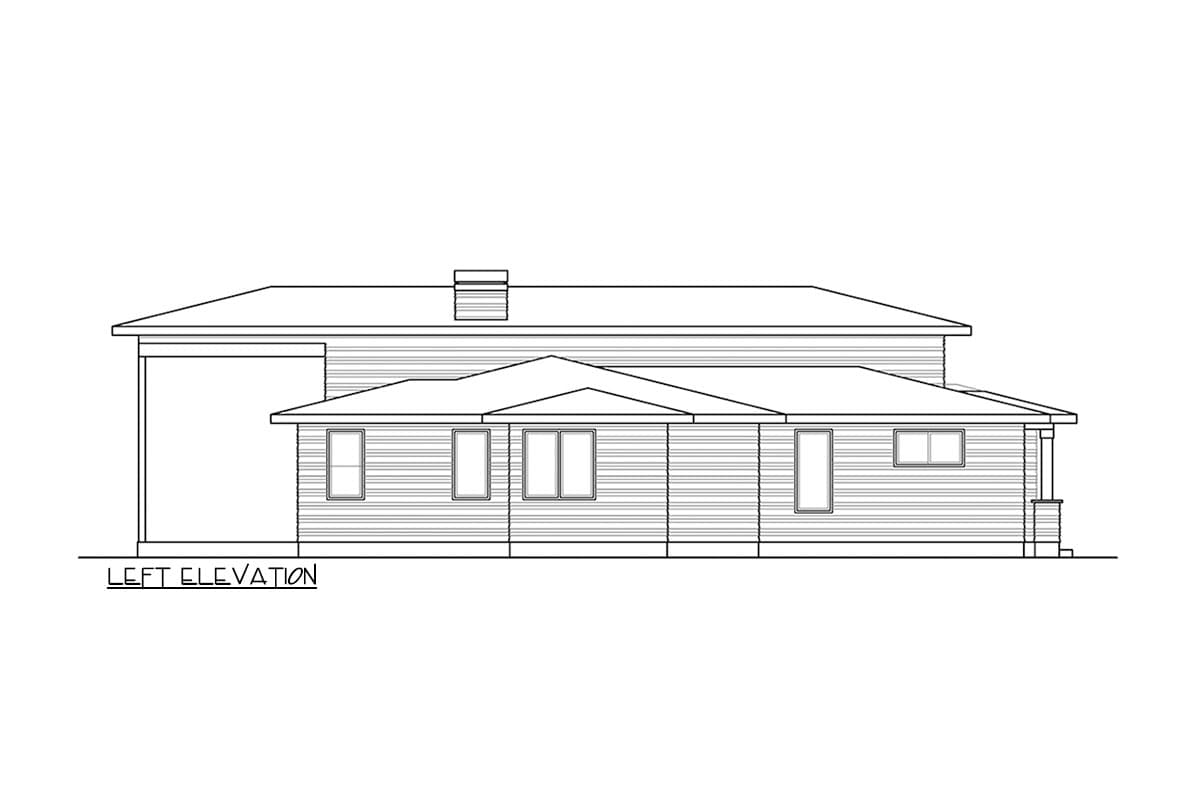 Left elevation of a one-story house plan with a prominent chimney, multiple windows, and a covered porch.