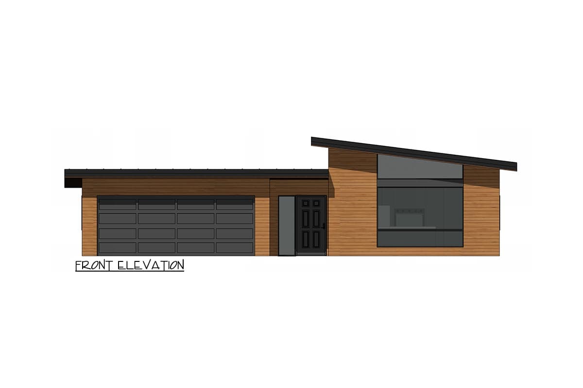 Front elevation of a modern house plan with horizontal wood siding, a two-car garage, and a large angled window.