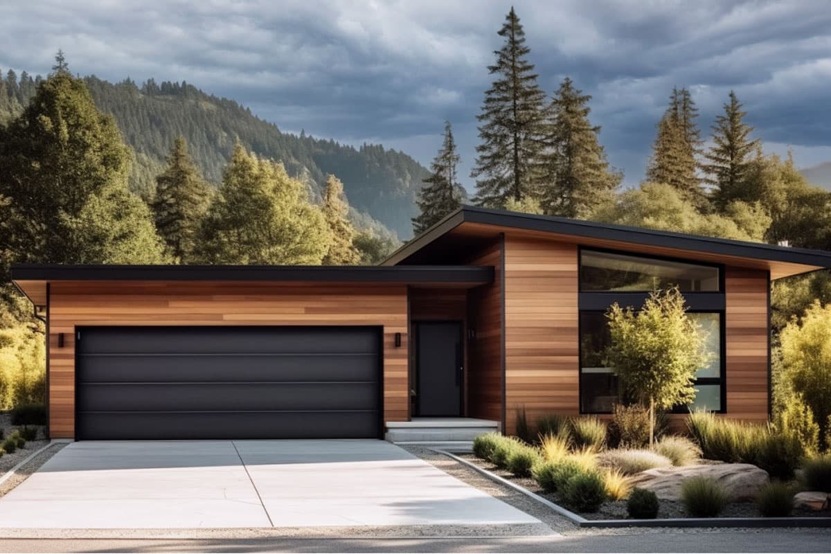 Modern house plan exterior with single-story design, flat roof, and wood siding. Features include attached garage and large picture windows.