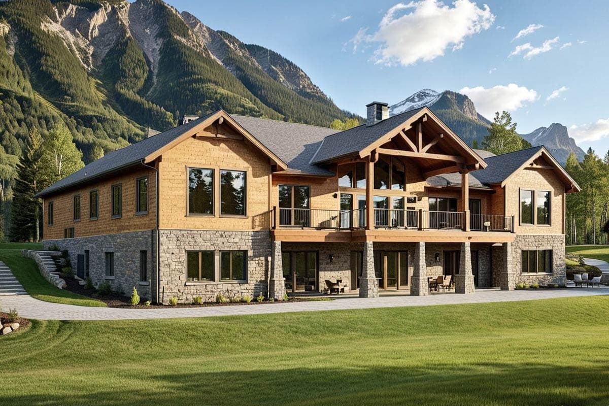 House plan exterior: Two-story modern home with stone base, large deck, gables, and mountain backdrop.