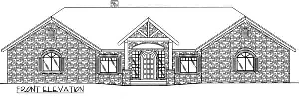 Front elevation drawing of a one-story house with stone exterior, arched windows, and a covered entryway with decorative gable.