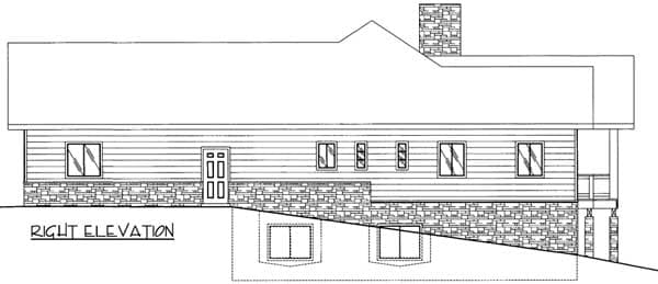 Right elevation drawing of a house plan featuring lap siding, stone wainscoting, multiple windows, and a prominent chimney.