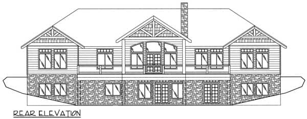Rear elevation drawing of a two-story house plan with stone base, multiple gables, and a prominent chimney.