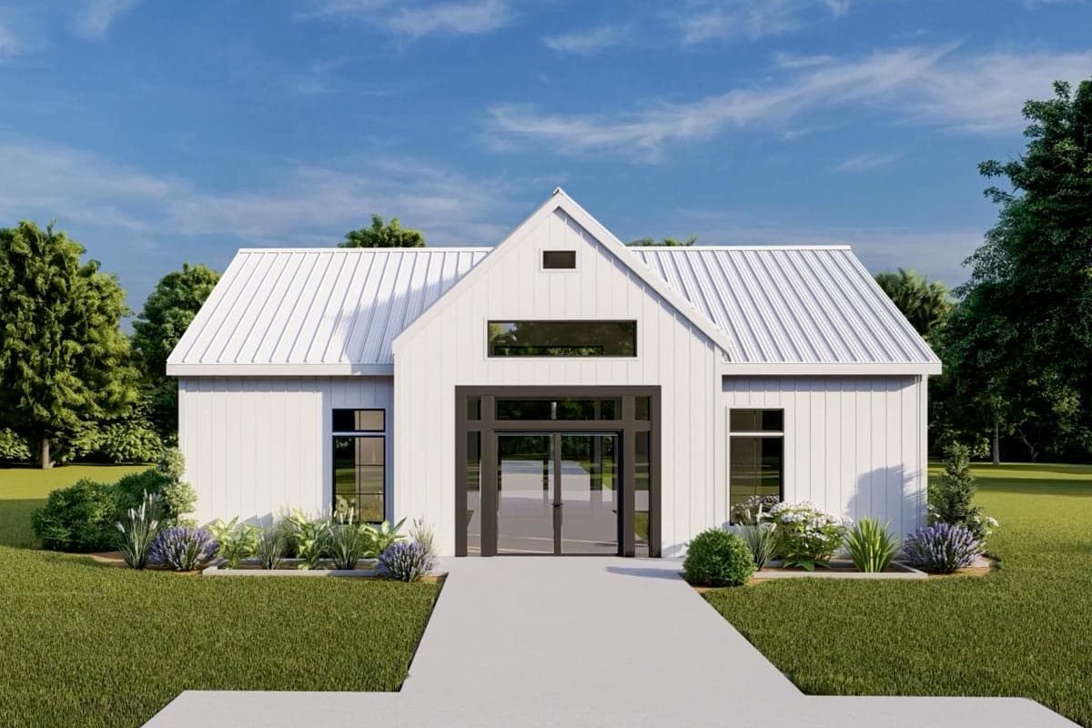 Modern Farmhouse house plan exterior with metal roof, gabled dormer, and large glass entry.