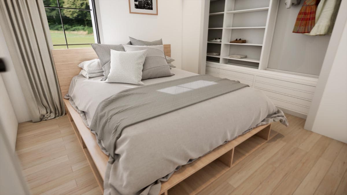 Plan 420104WNT: 2-Bed Modern Cottage House Plan Under 1000 Sq Ft with 15' Ceiling in Vaulted Great Room - Image #12 - Cabin, Contemporary, Cottage, Country, Modern, New American, Traditional, Vacation