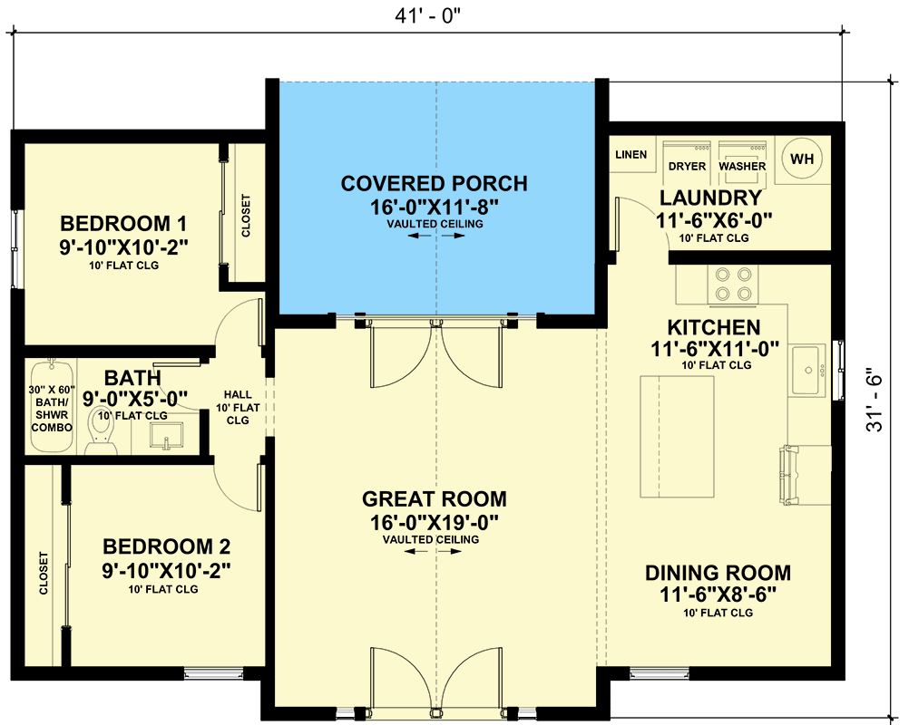 Plan 420104WNT: 2-Bed Modern Cottage House Plan Under 1000 Sq Ft with 15' Ceiling in Vaulted Great Room - Floor Plan - Main Level - Cabin, Contemporary, Cottage, Country, Modern, New American, Traditional, Vacation