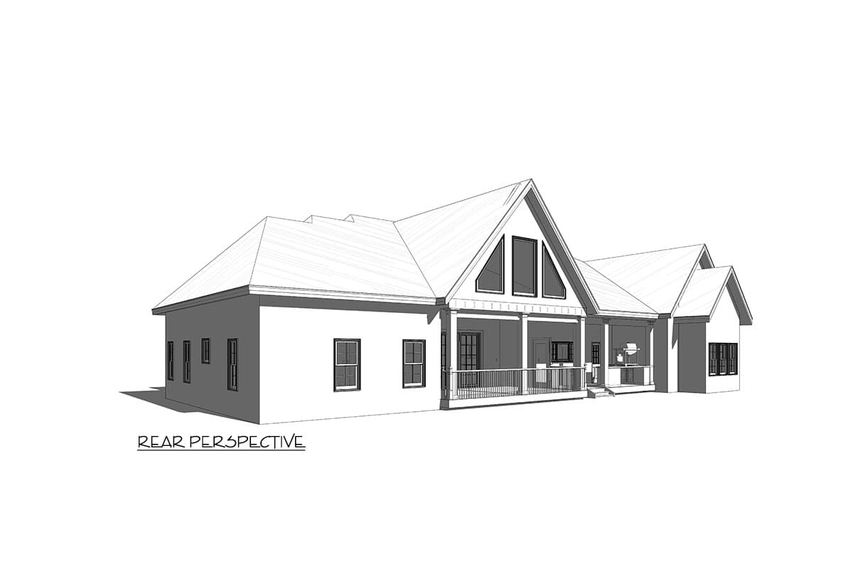 House plan exterior drawing showing a one-story modern home with a wrap-around porch, multiple gables, and large triangular windows.