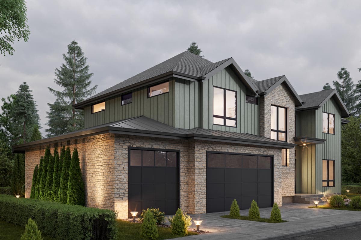 Modern house plan exterior with stone base, vertical siding, gabled roof, and a three-car garage.