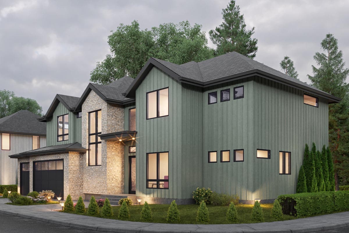 Modern two-story house plan exterior with stone accents, vertical siding, multiple gables, and an attached garage.