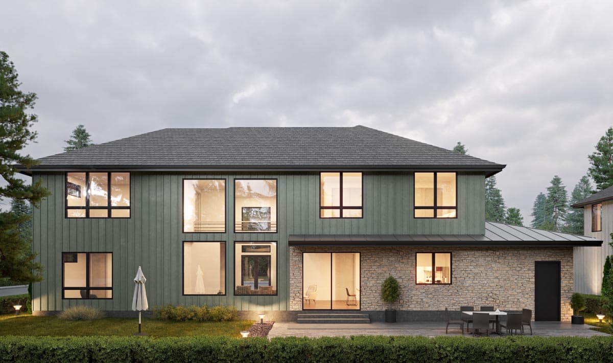 House plan exterior: two-story Modern style home with vertical siding, stone base, large windows, and a prominent roofline.
