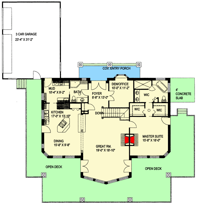 Plan 35427GH: Mountain Home with Wrap-Around Deck - ICF Construction - Floor Plan - Main Level - Mountain, Northwest, Rustic, Vacation