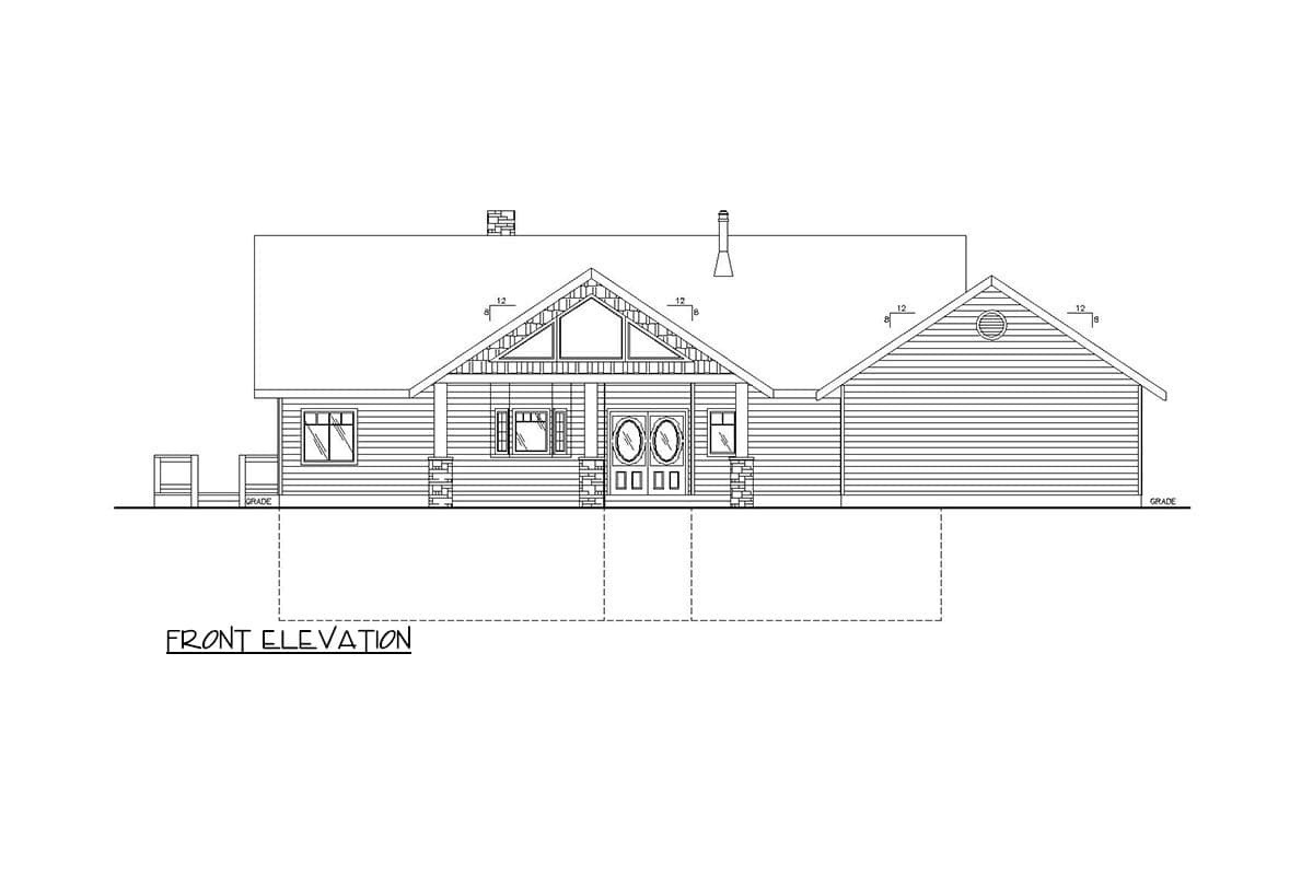 Front elevation drawing of a single-story house with a prominent gabled entry, double doors, and stone accents.