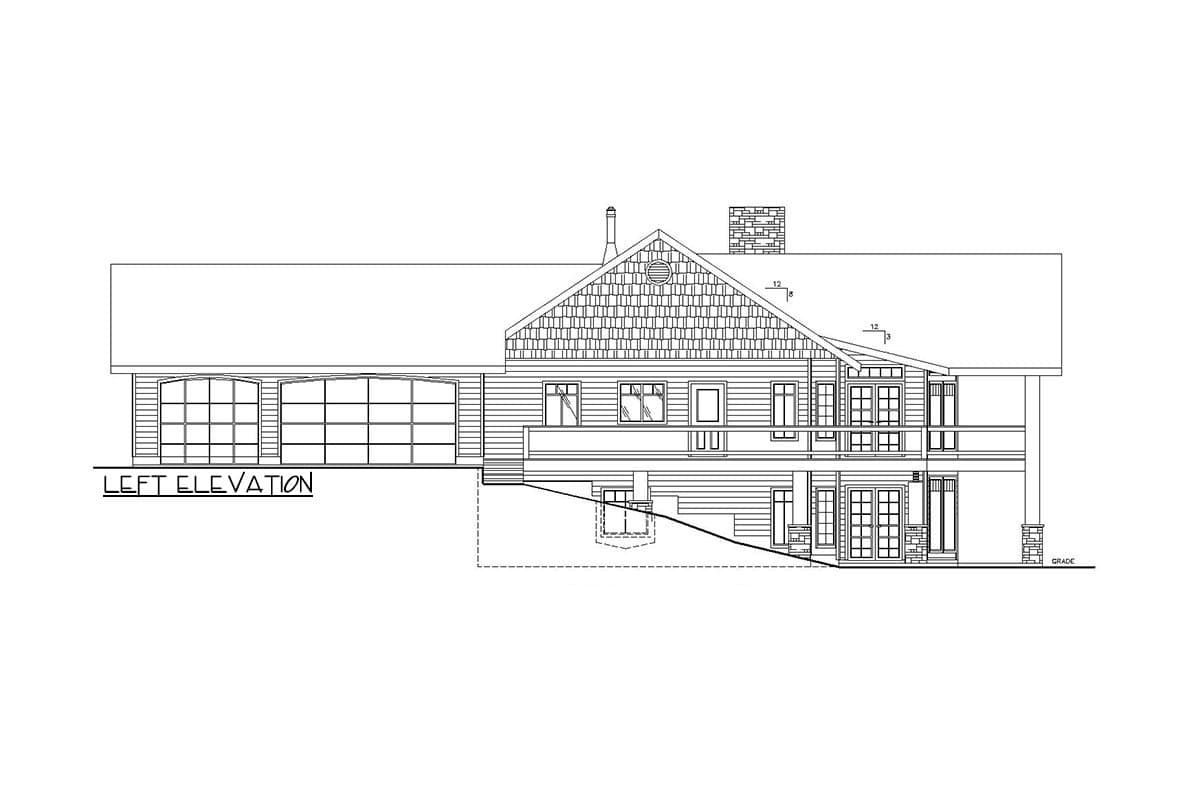 Left elevation house plan with attached three-car garage, dormer, gable, and covered porch.