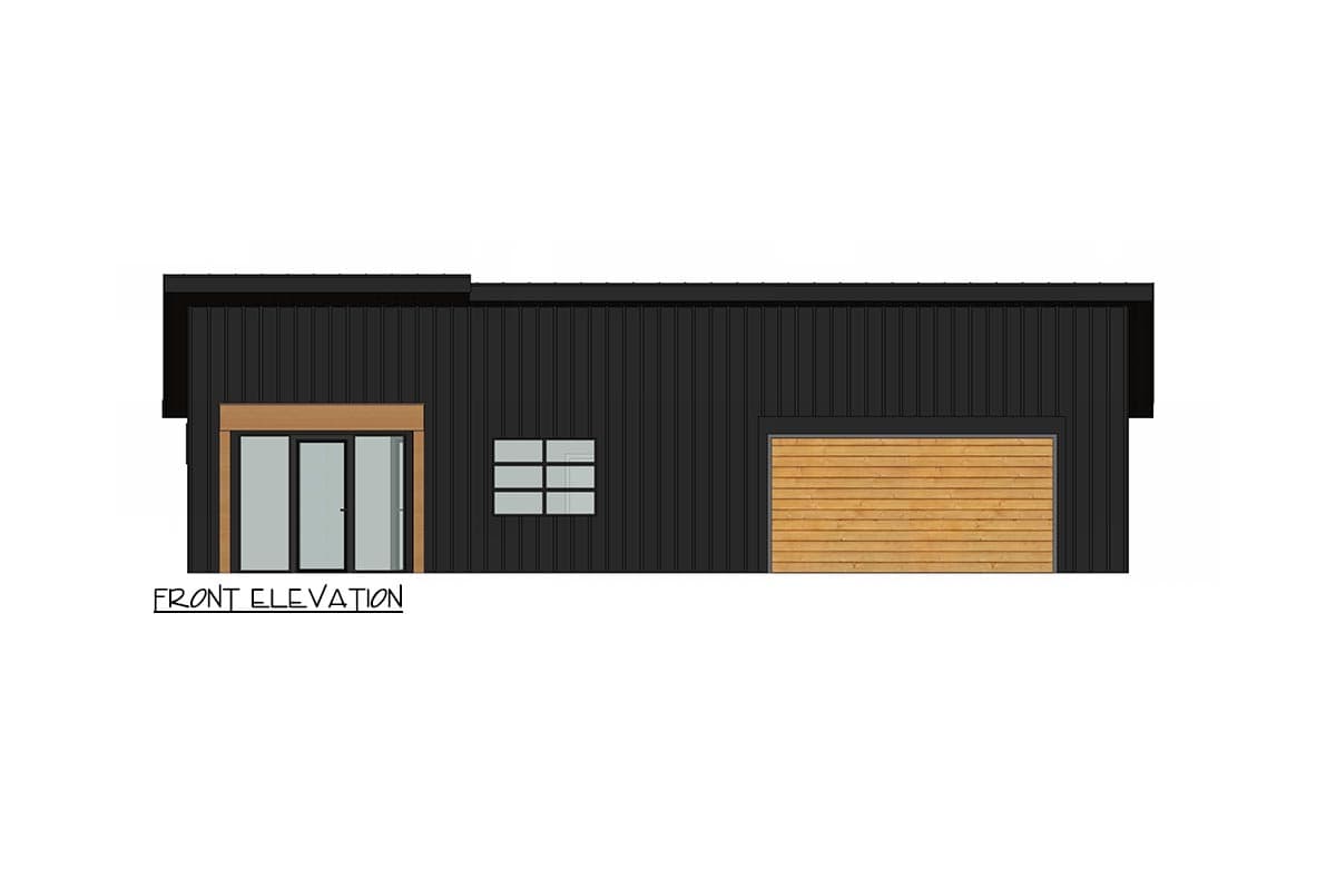 Front elevation drawing of a modern house with black siding, glass doors, a multi-pane window, and a wood garage door.