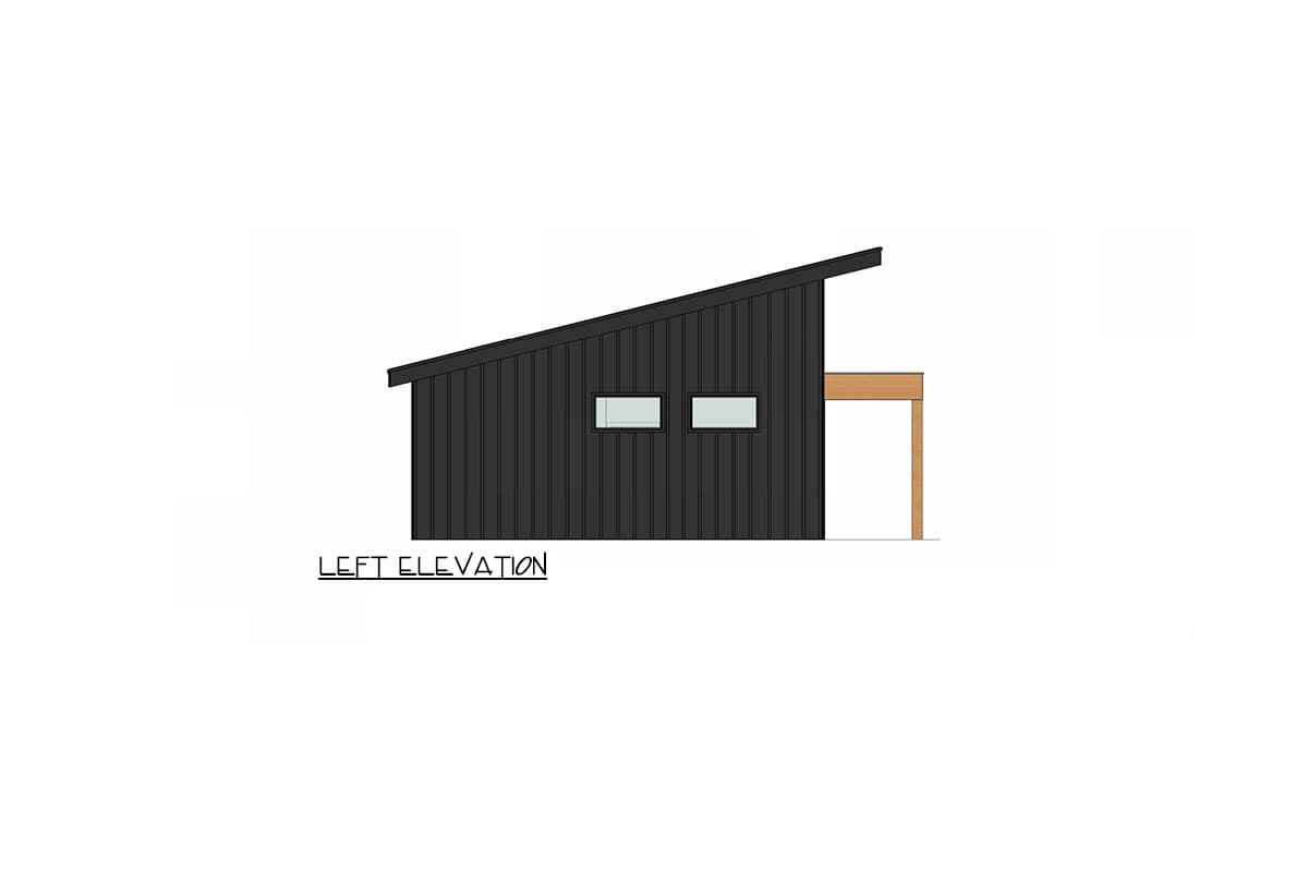 Left elevation drawing of a modern house with a shed roof, vertical siding, and two horizontal windows.