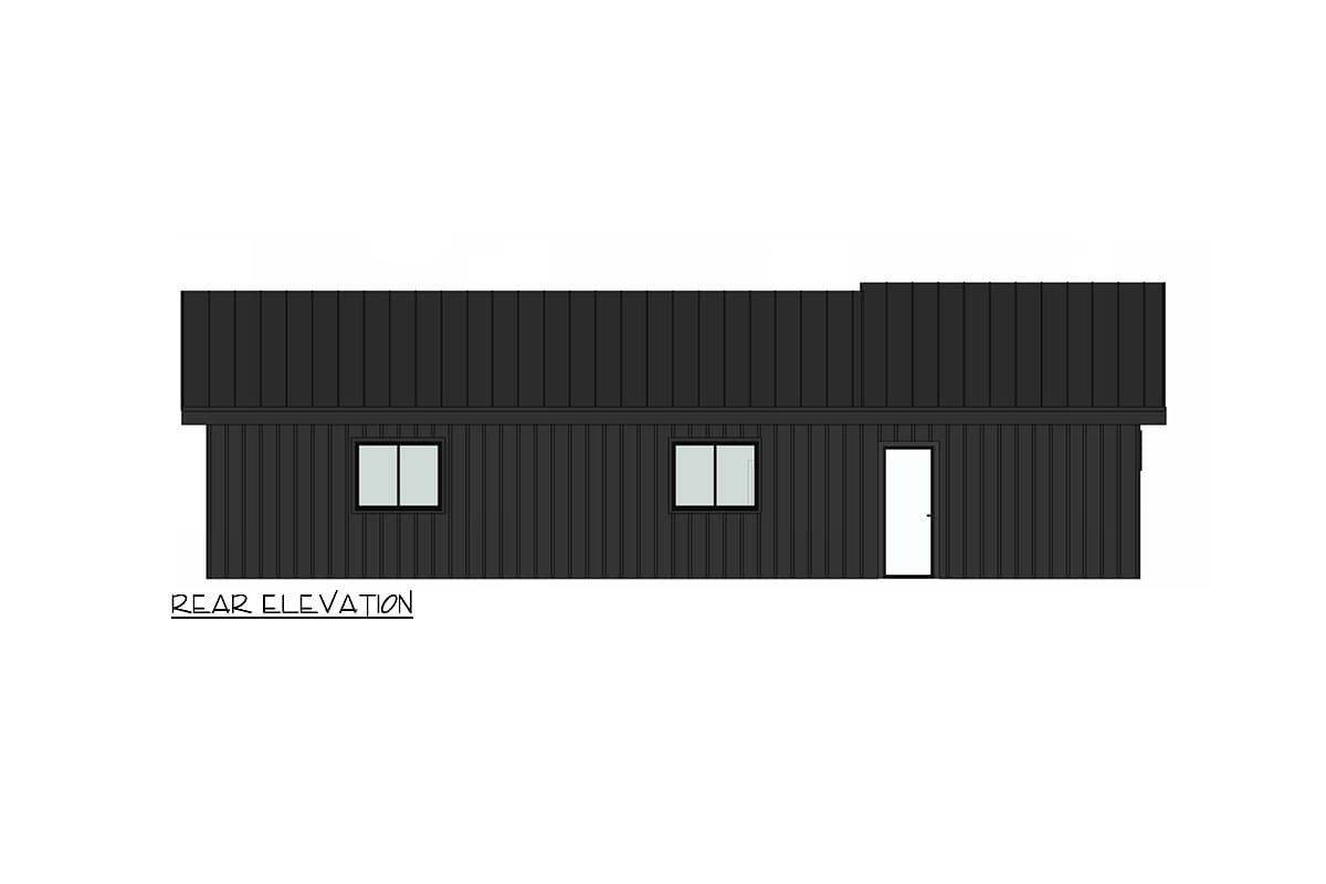 Rear elevation drawing of a house plan with vertical siding, two windows, and a single door.