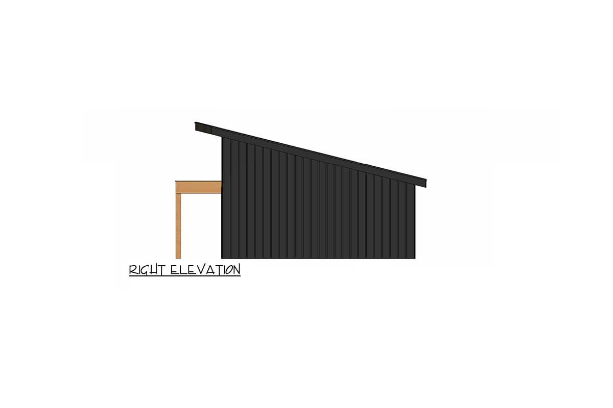 Right elevation drawing of a house with vertical dark siding and a shed roof. Includes an exposed wooden beam.