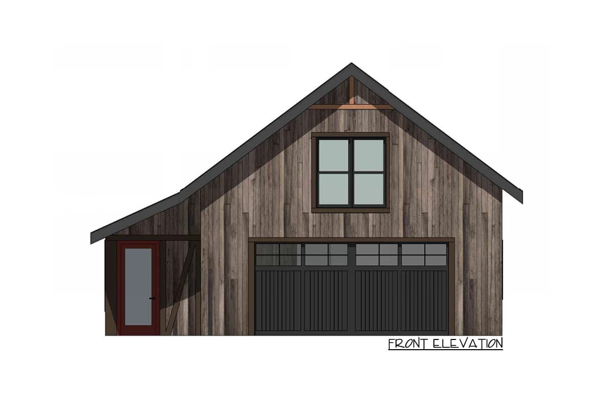 Front elevation drawing of a wood-clad garage with a glass-paneled garage door, a single door, and a square window above.