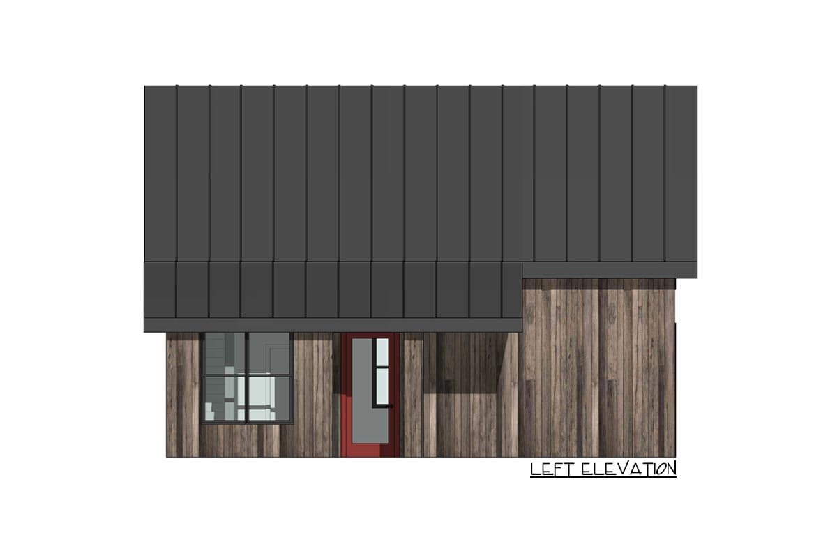 Left elevation of a house plan showing vertical wood siding, a dark metal roof, a grid window, and a red door.