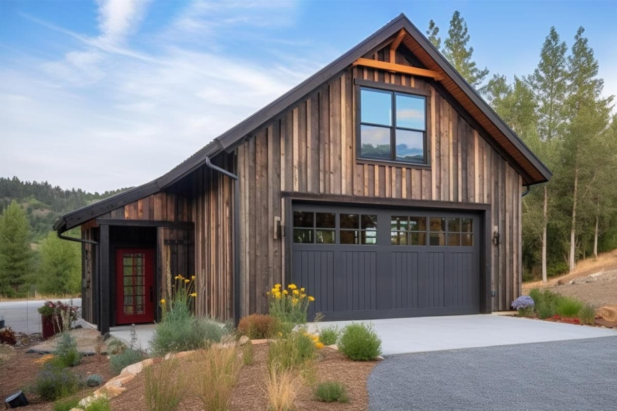 House plan exterior with two-story barn style design. Features include a gable roof, garage, and covered entry with a red door.