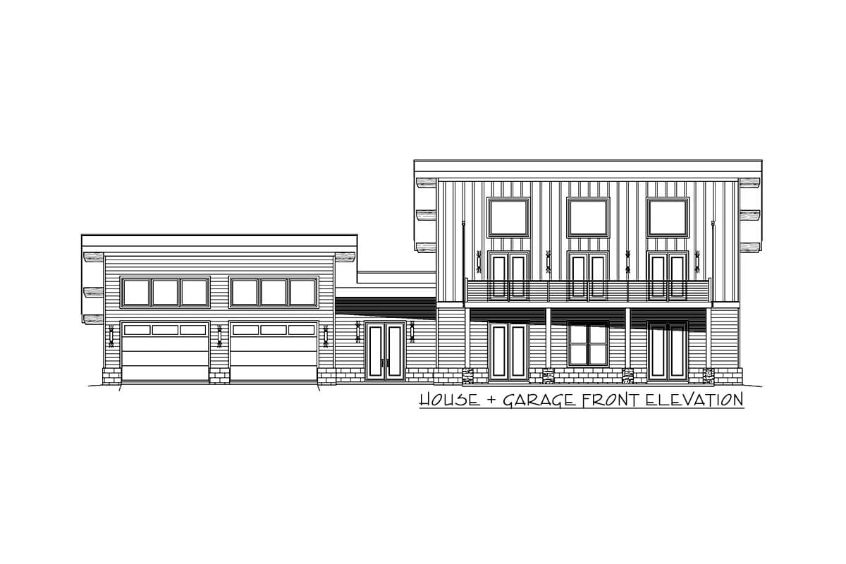 House and garage front elevation drawing with horizontal siding, multiple windows, balconies, and garage doors.