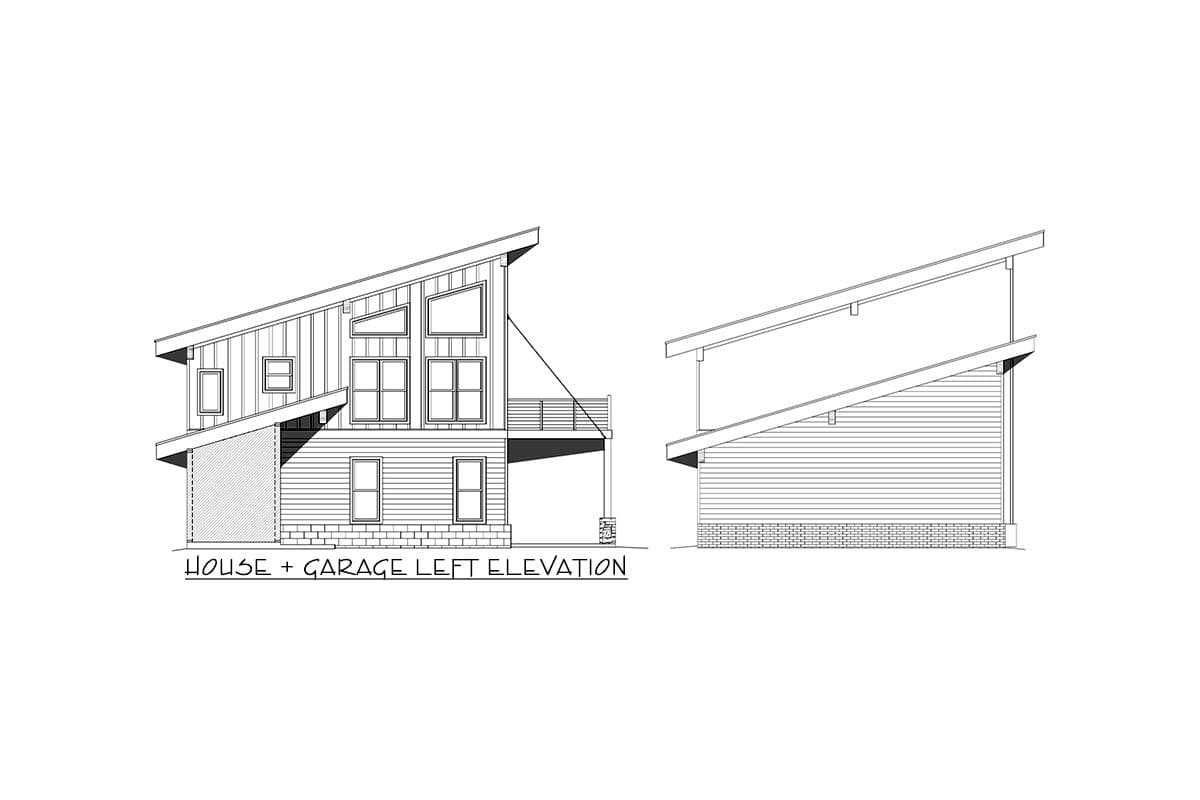 House + garage left elevation drawing shows a two-story house with a shed roof, varied window sizes, and attached garage.